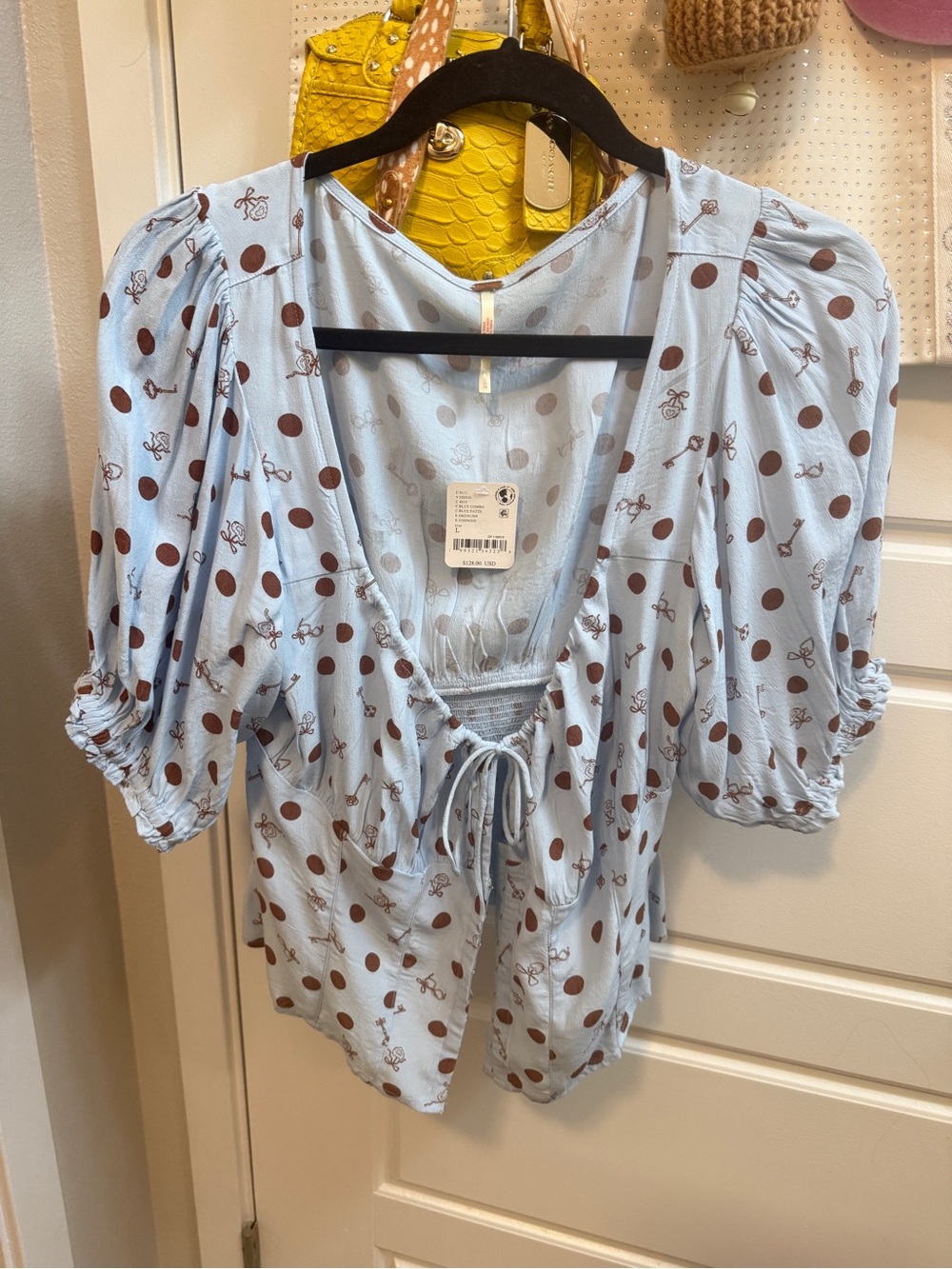 Free People Light Blue Polka Dot Tie-Front Puff Sleeve Blouse